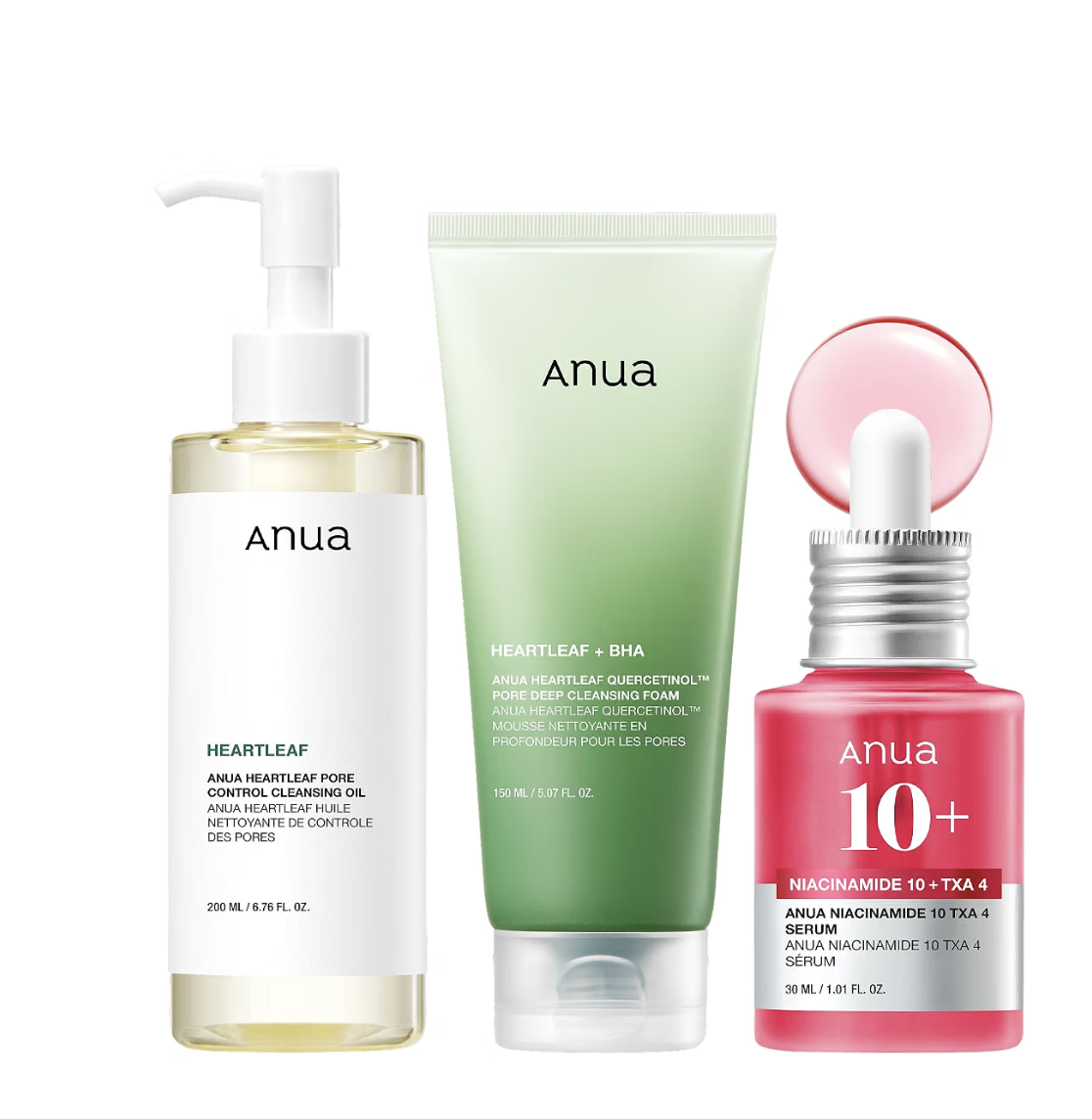 Anua three-step kit with cleansing oil, foaming cleanser and serum