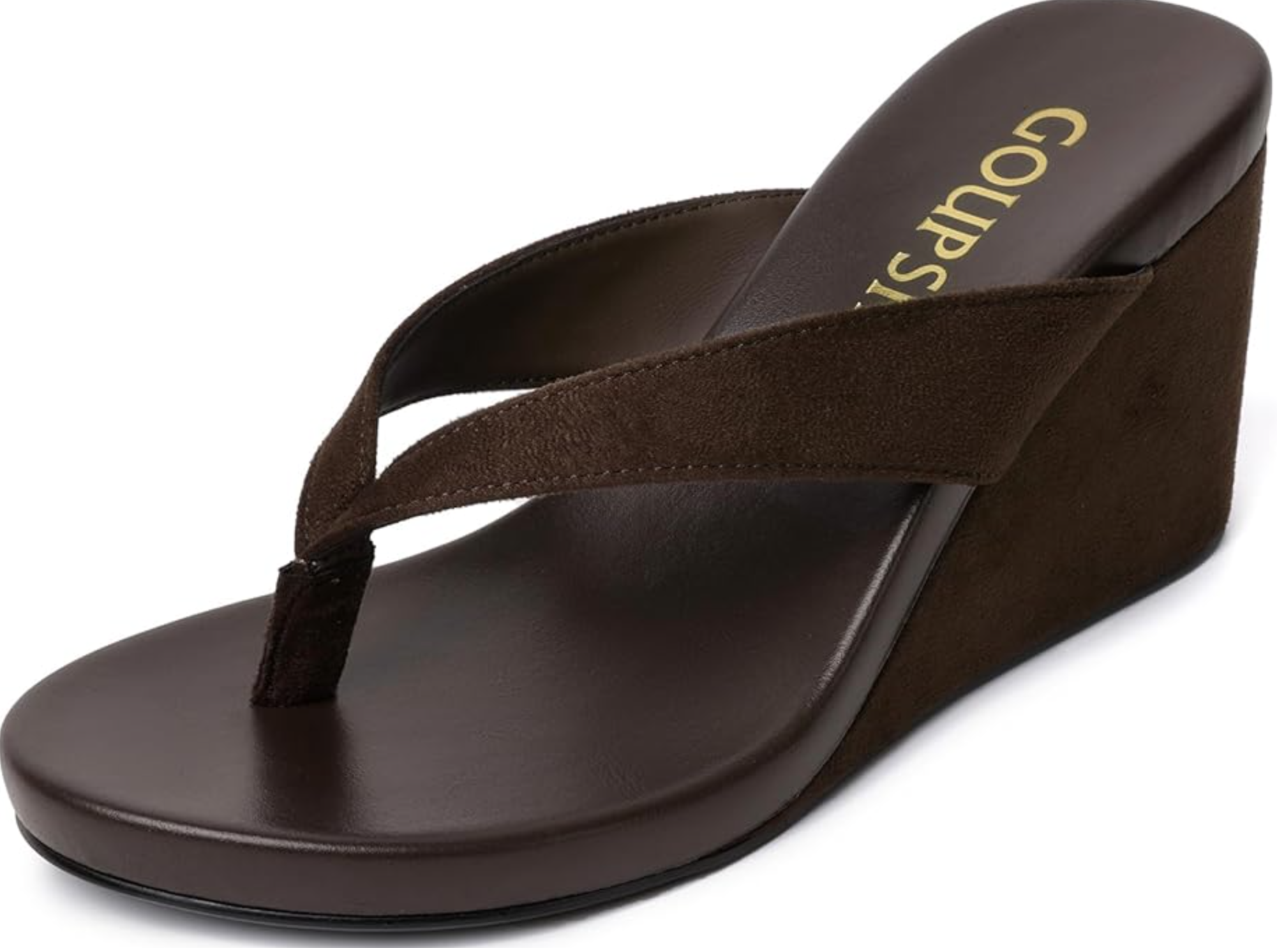 A close-up side view of a dark brown Flojos Olivia wedge flip flop sandal with a soft suede upper strap.