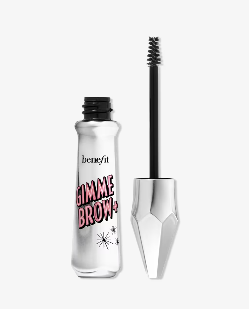 A close-up of Benefit Cosmetics Gimme Brow+ Tinted Volumizing Eyebrow Gel with the applicator wand pulled out.