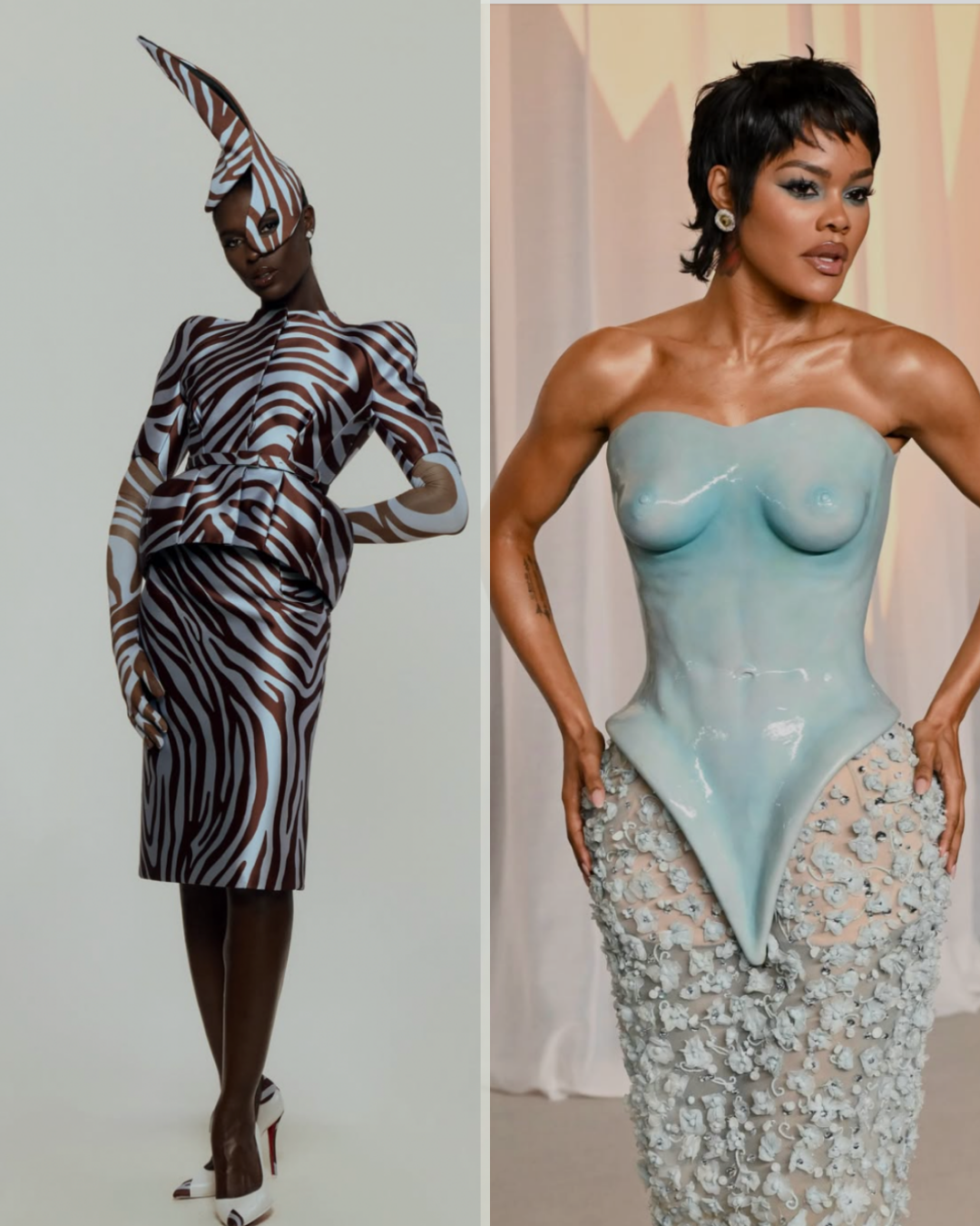 Jodie Turner-Smith in a zebra-print suit and headpiece beside Teyana Taylor in a sculpted pale blue Schiaparelli bodice at the 2026 Academy Museum Gala.