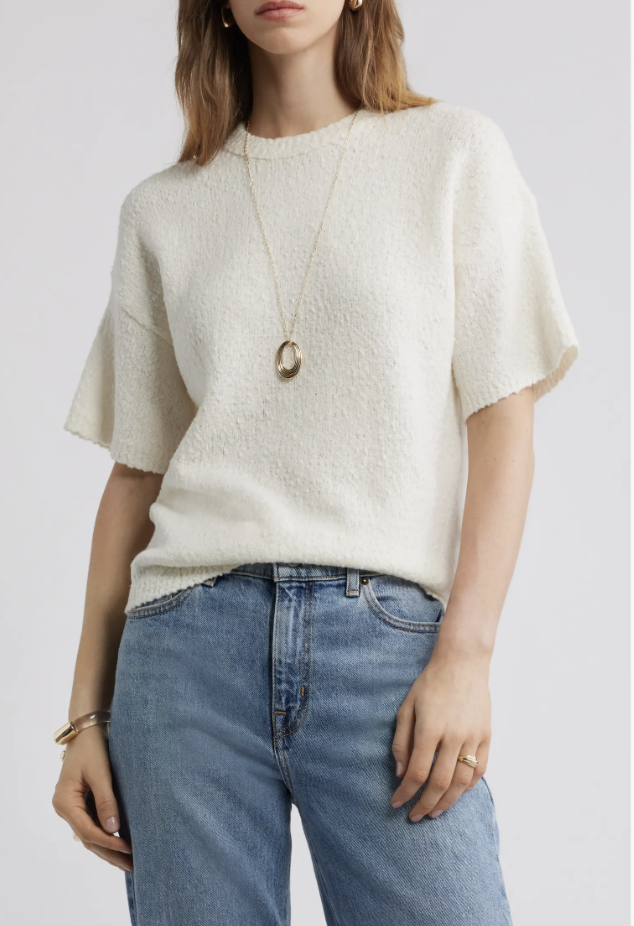 Nordstrom short-sleeve stretch wool-blend bouclé sweater for fall.