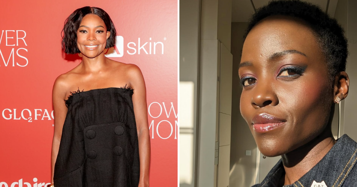 A side-by-side comparison of Gabrielle Union in a strapless black textured dress and Lupita Nyong'o, highlighting how soft textures and structured updos complement a strong, square jawline.