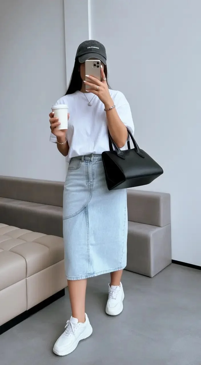 White Sneakers and Denim Skirt Outfit