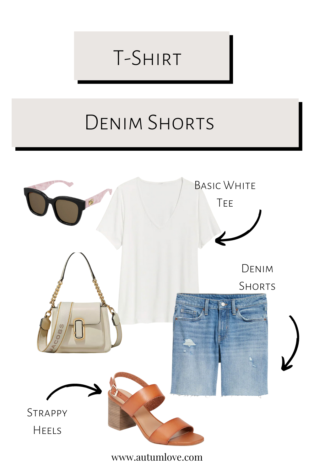 Stylist summer outfit flatlay featuring a basic white v-neck t-shirt, light-wash denim shorts, pink-rimmed sunglasses, and a white handbag with a gold chain strap