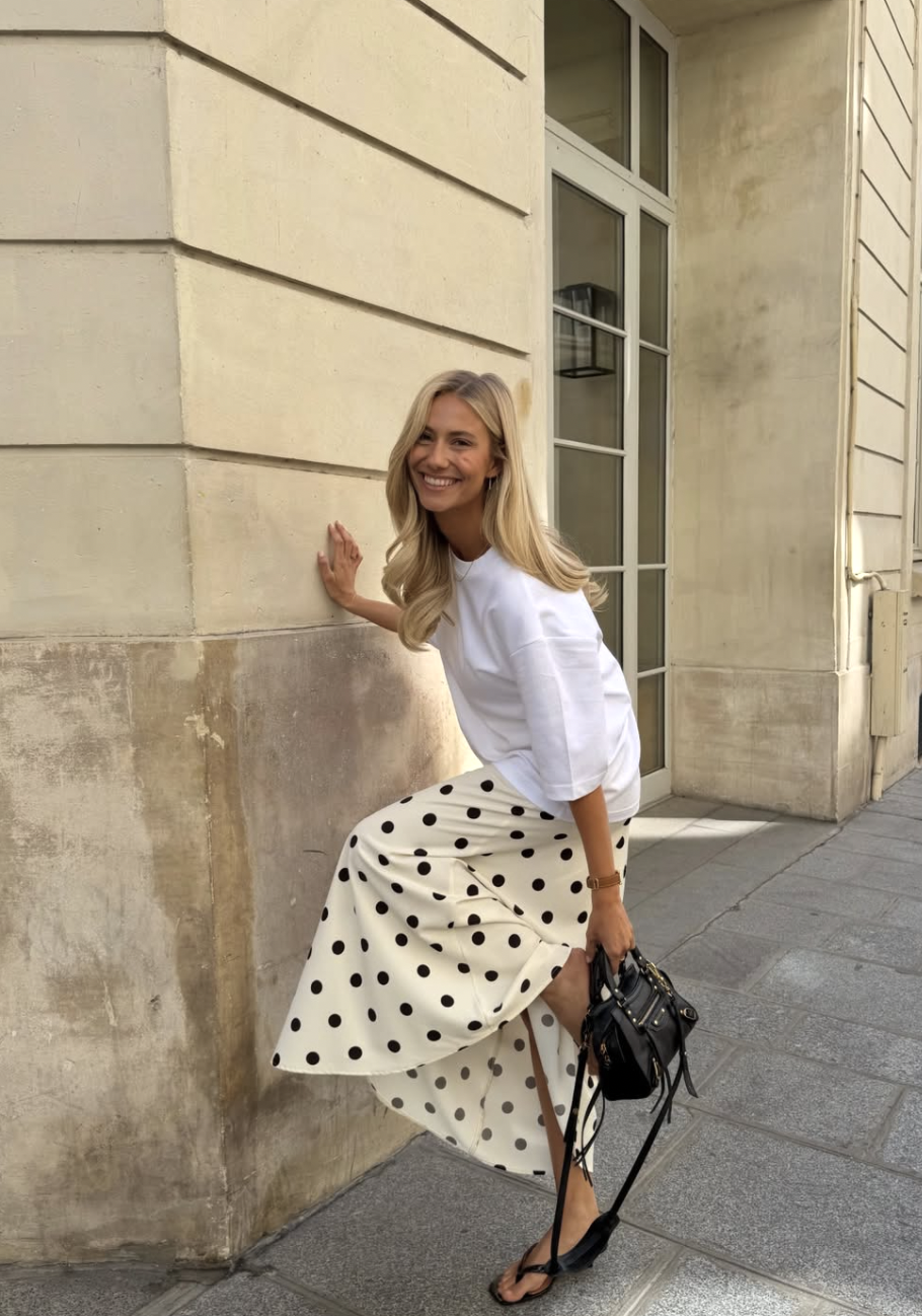black and white polka dot midi skirt outfit styled with a white fitted top and black sandals