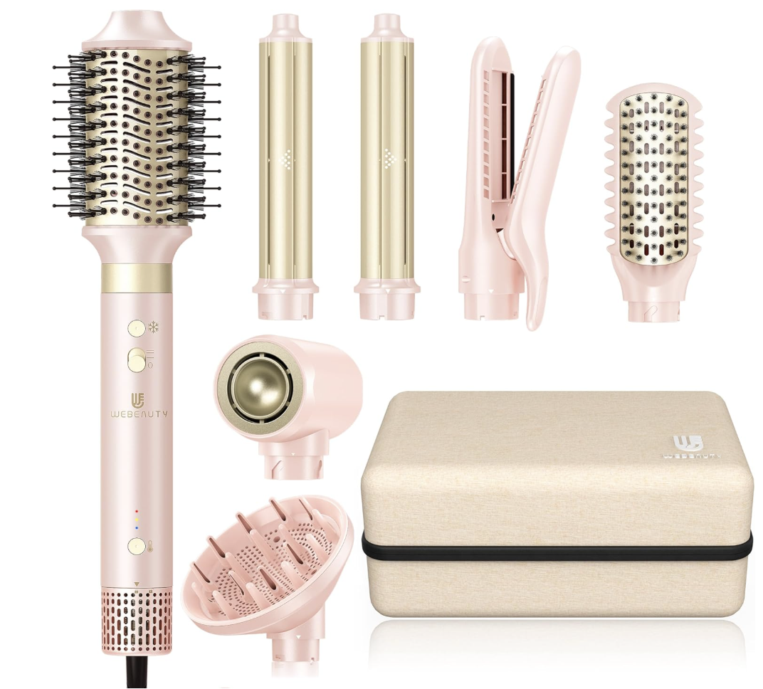 webeauty 8-in-1 dual voltage hot air styler with various attachments and travel case.