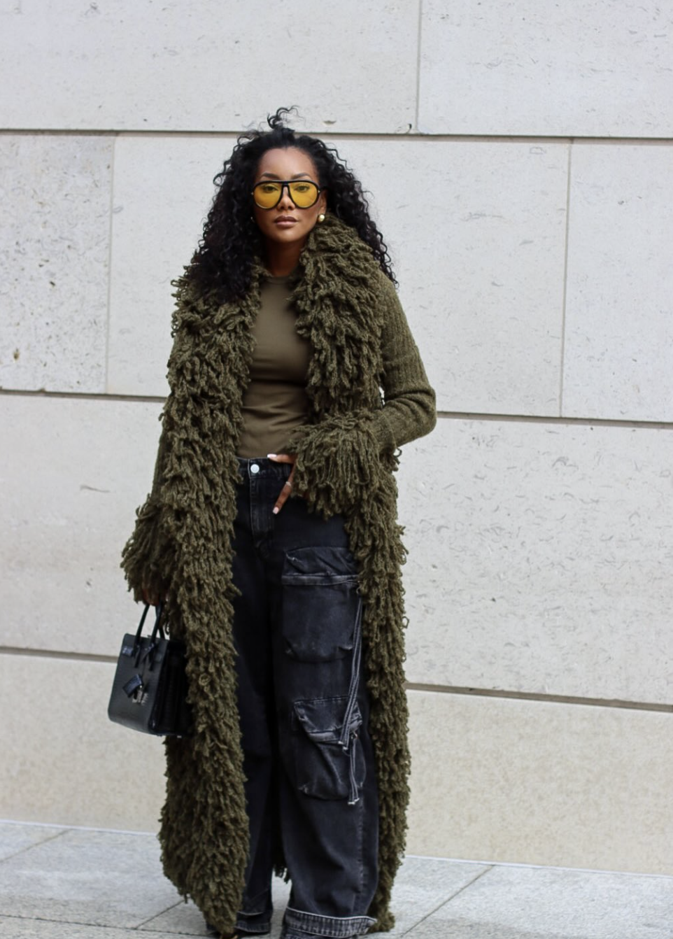Tonal forest green evening outfit