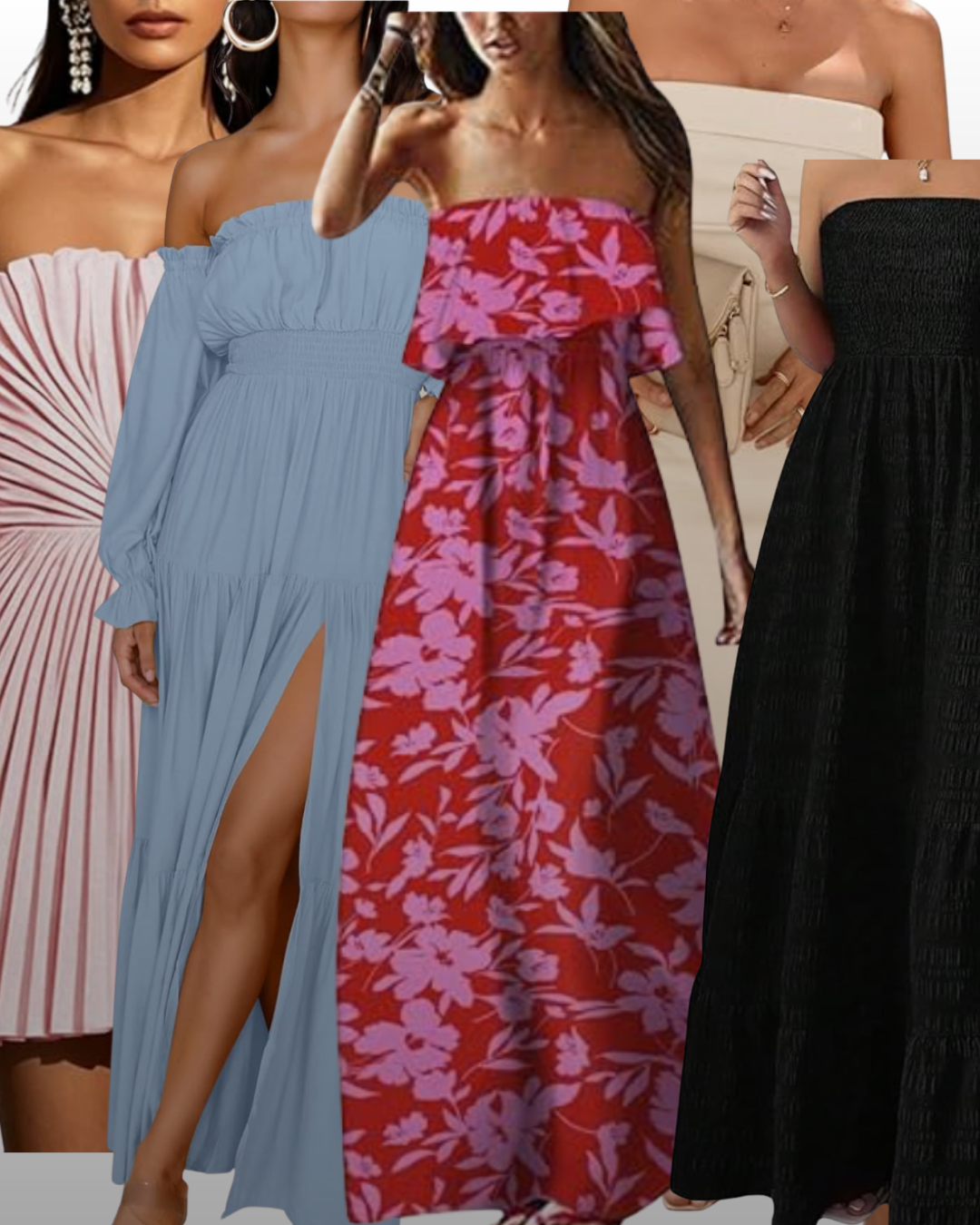 A close-up of a person wearing a light blue strapless maxi dress featuring an elastic smocked bodice and a tiered ruffle skirt.