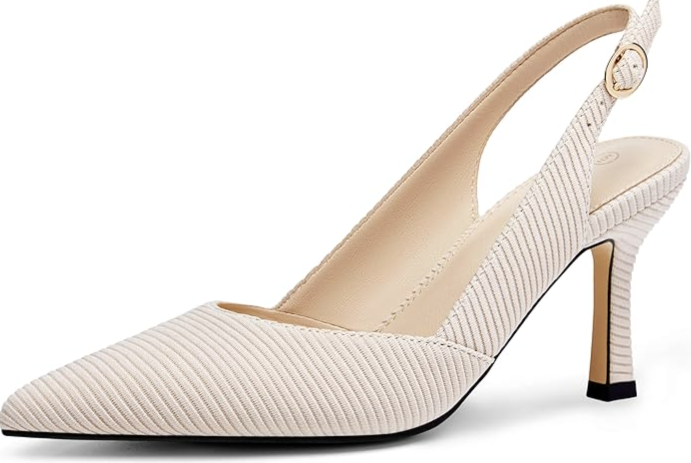 A pair of beige pointed-toe slingback kitten heels with a ribbed fabric texture and a slim heel, styled for a minimalist slip dress outfit.