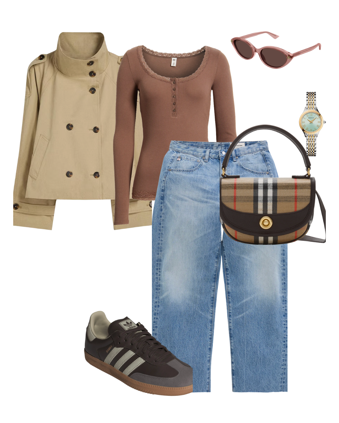 Woman styling a cropped tan trench coat with a fitted white tee, relaxed denim jeans, and slim sneakers for a casual fall look.