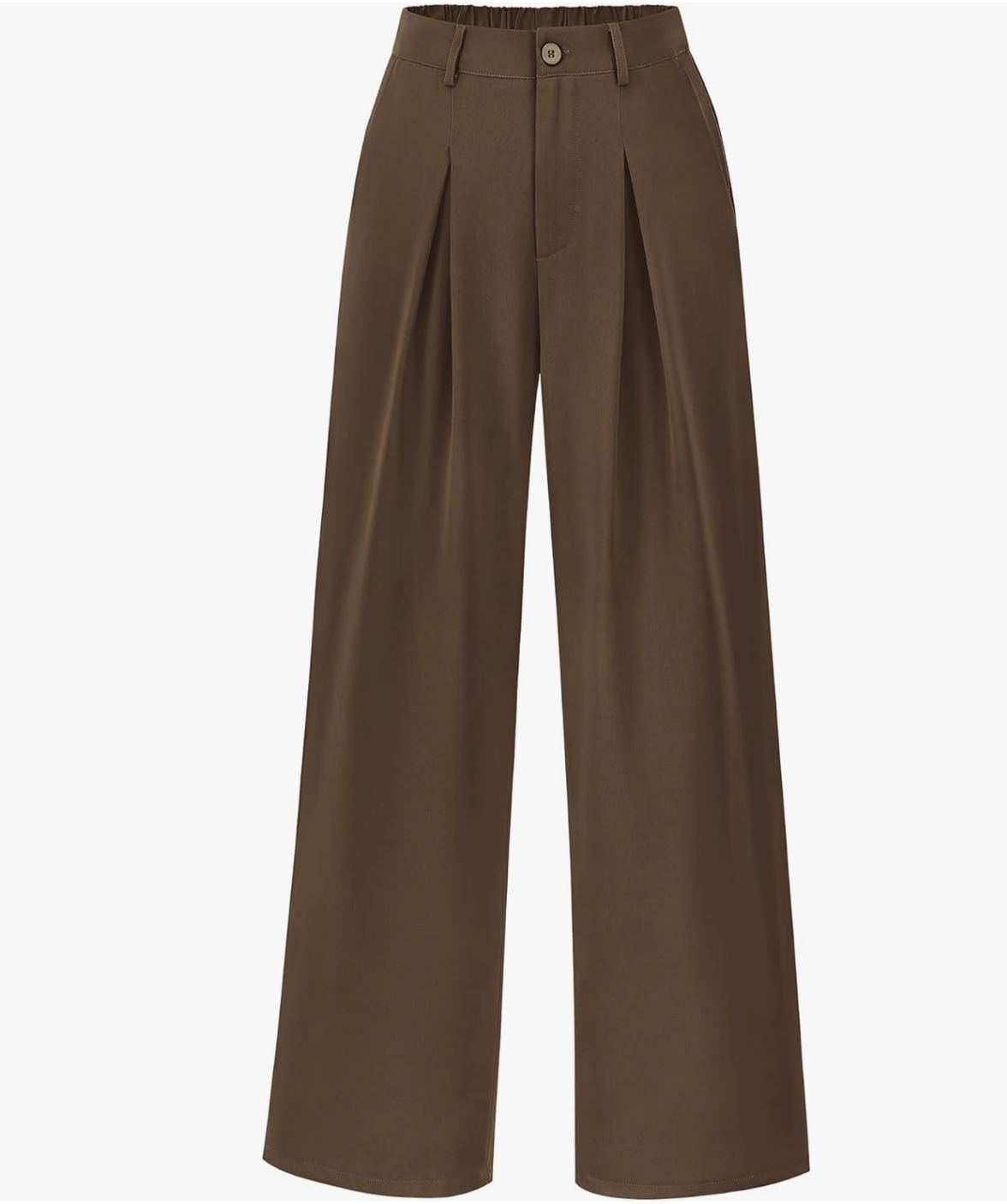 Dark chocolate brown high-waisted palazzo pants with a wide-leg silhouette, styled with a burgundy bow-detail sweater.