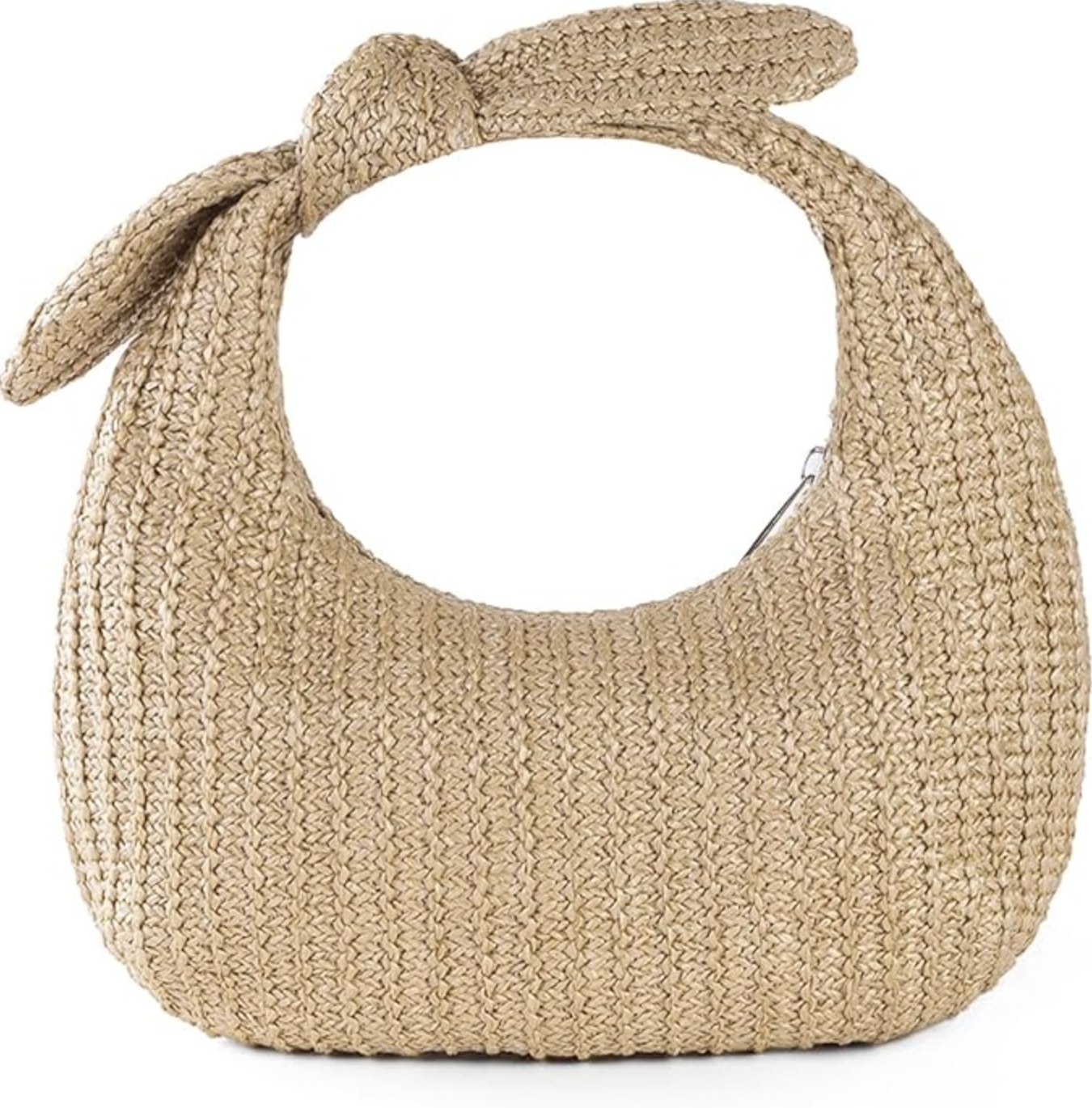 A beige woven straw clutch bag featuring a large oversized bow detail and a curved top handle.