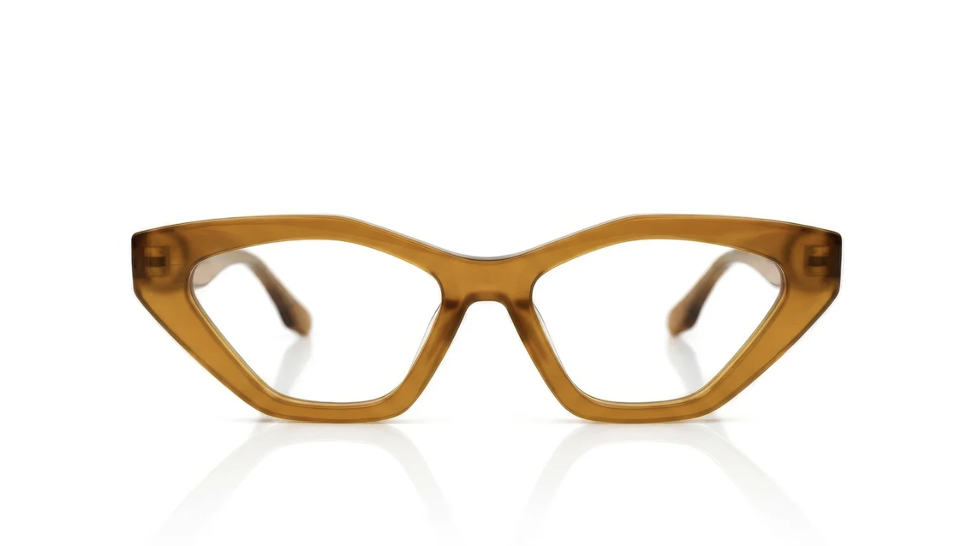 Vicci Lucia Rx eyeglasses in Golden Amber, a top frame pick for oblong face shapes."