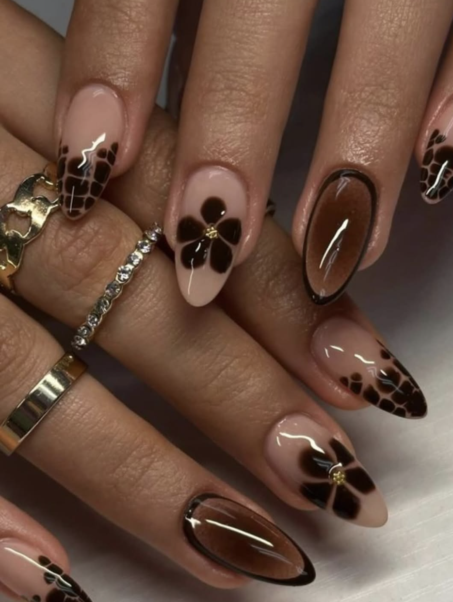 September nail idea featuring chocolate floral details