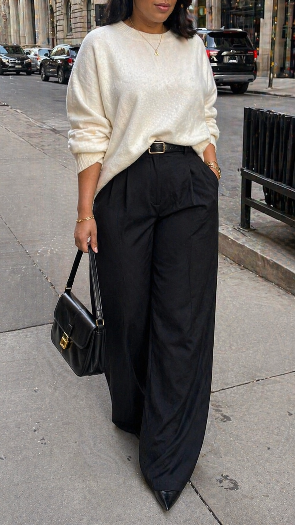 A woman wearing an oversized cream textured sweater tucked into high-waisted black wide-leg trousers with a black leather belt.