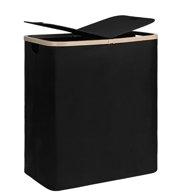 Lidded divided laundry hamper in a neutral bedroom