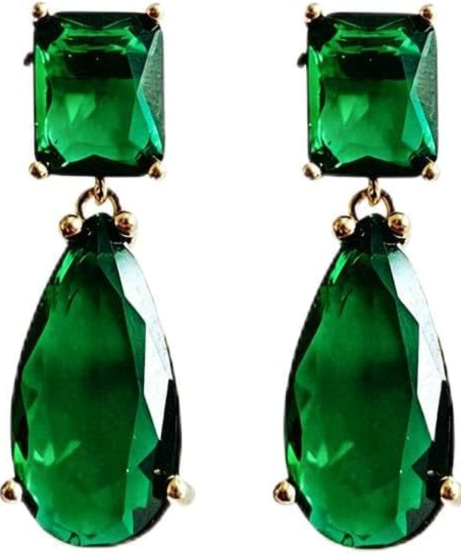 Green PTGMH crystal drop earrings with teardrop and rectangular stones.