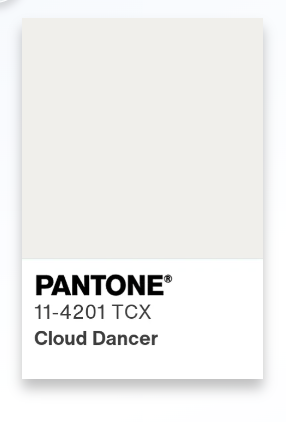 Official Pantone Color of the Year 2026 swatch for Cloud Dancer, a soft off-white neutral used as an anchor for NYFW Fall/Winter 2026 collections.