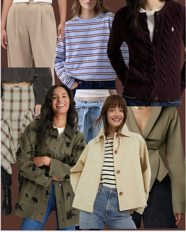 Collage of fall wardrobe outfit ideas featuring layered coats, plaid skirts, striped tops, and neutral knitwear.