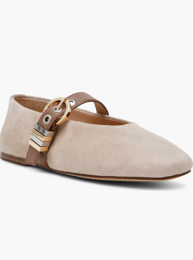 Steve Madden Lucia Mary Jane flats in a neutral beige tone, a perfect shoe choice to pair with dark brown trousers for a classic look.