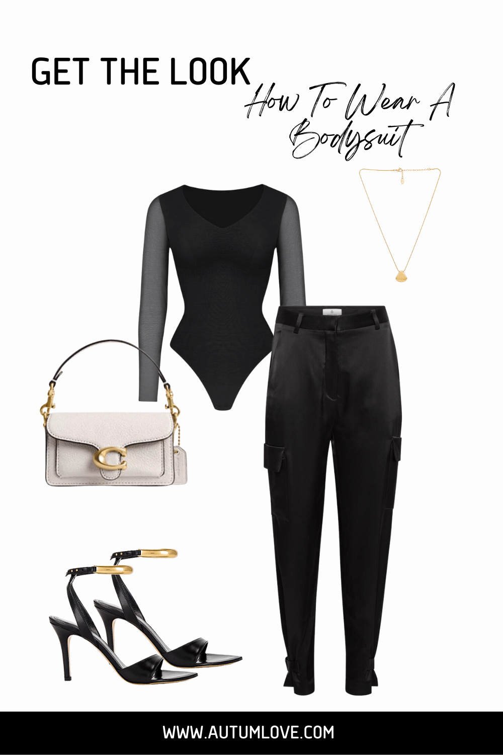 Styling a black mesh-sleeve bodysuit with high-waisted satin trousers and a cream handbag to accentuate the waist and create a slimming effect for a big belly.