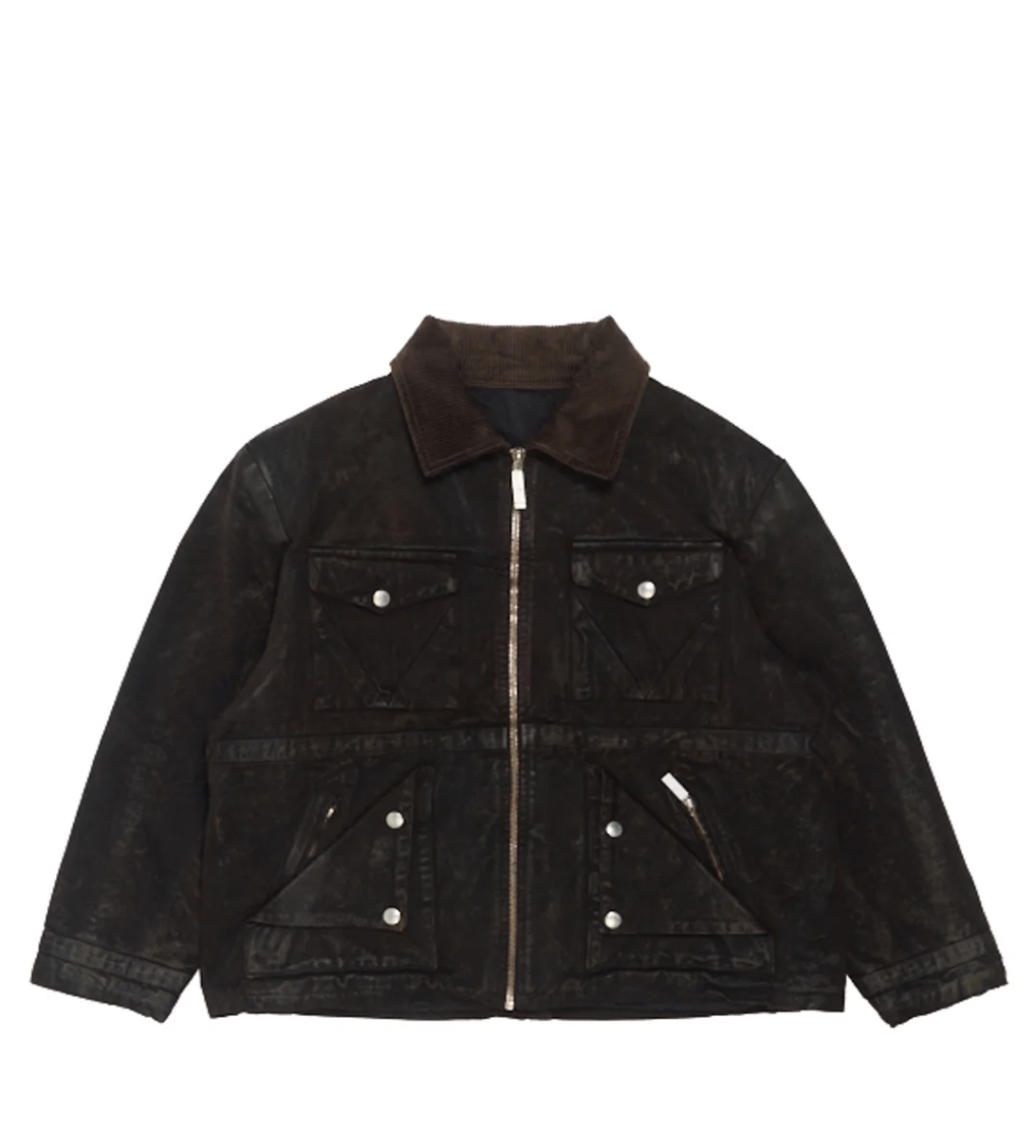 Black VIVET cargo jacket with multiple front pockets, a corduroy collar, and a worn finish.