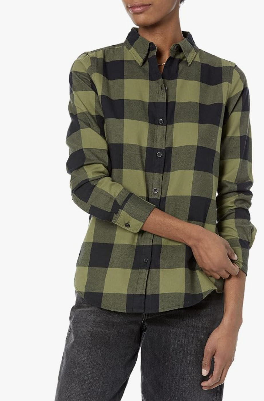 Black-and-olive buffalo-check Amazon Essentials long-sleeve button-front flannel shirt.