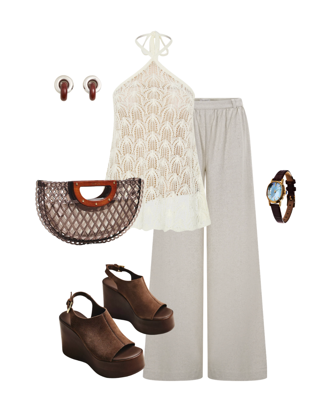 A resort evening outfit collage for a Cabo sunset dinner featuring a cream crochet halter neck top, beige wide-leg linen pants, brown leather platform wedge sandals, a dark woven mesh tote bag with a wooden handle, and tortoiseshell hoop earrings.