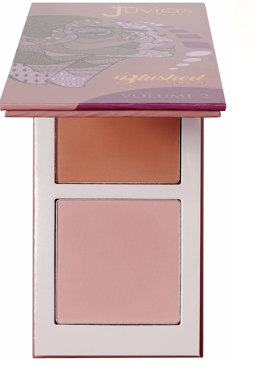 Juvia's Place The Blushed Duo Volume 2 packaging, featuring an illustrated cover of a woman with a Nefertiti-inspired headpiece against a vibrant pink and purple patterned background.