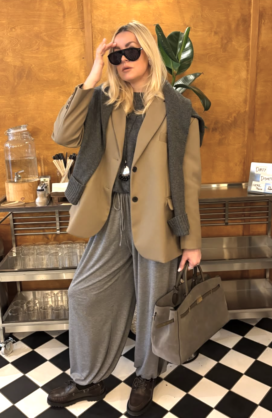 Tonal warm grey and taupe fall outfit