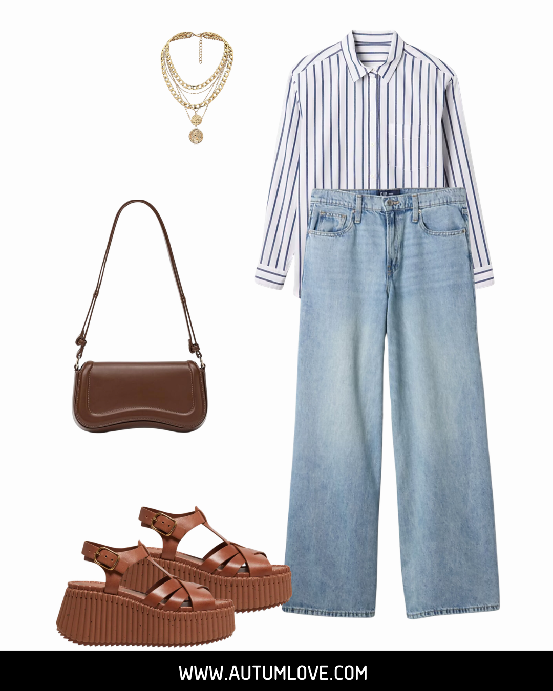 Flat-lay outfit featuring high-waisted wide-leg jeans, a blue striped button-down shirt, and brown platform sandals to show how to hide belly fat by balancing proportions.