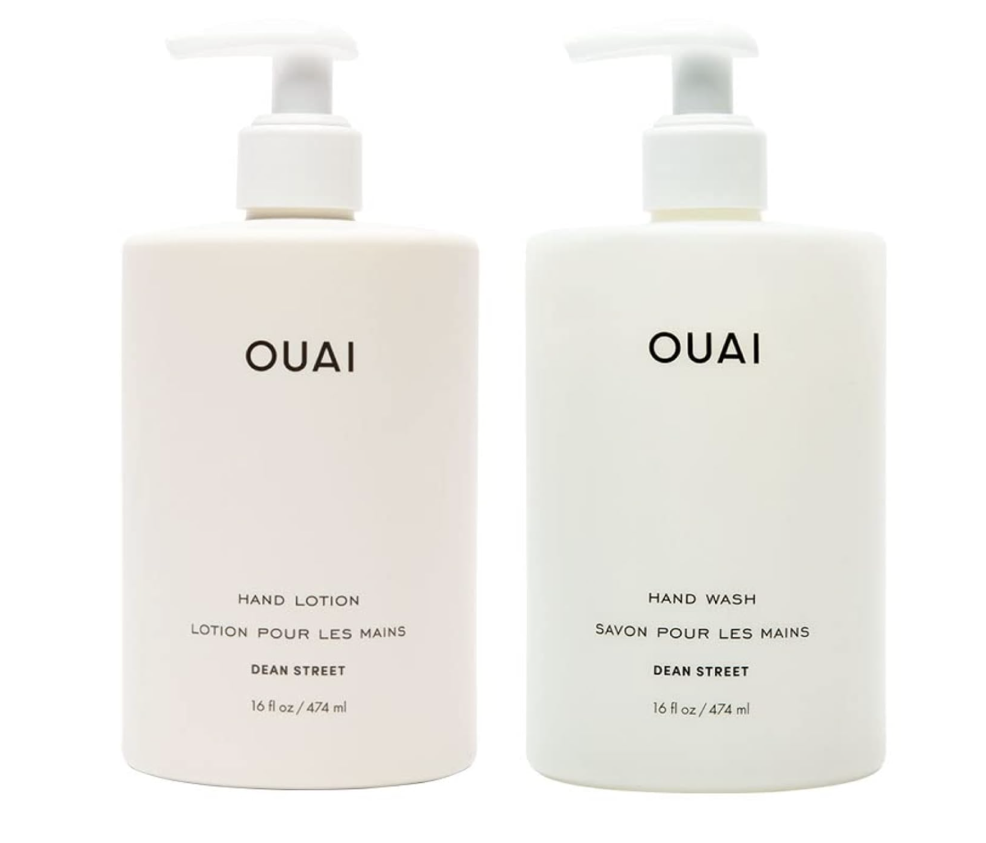 A set of OUAI hand wash and matching hand lotion bottles with pump dispensers on a clean light gray background.