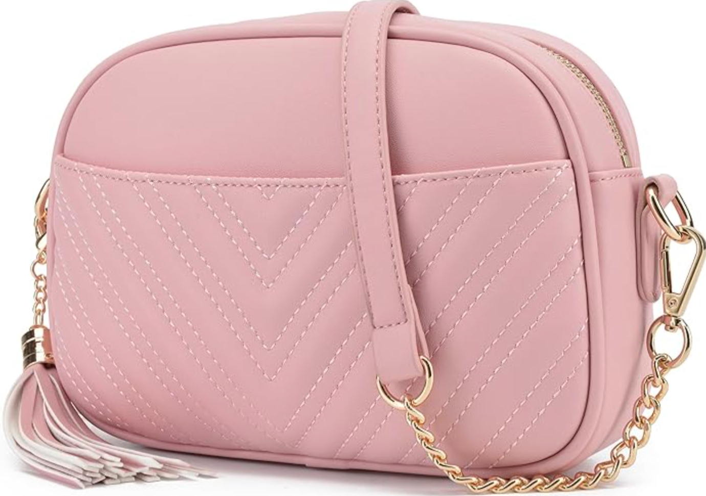 A small dusty pink quilted crossbody bag with a V-shaped stitch pattern, a gold chain-link strap, and a decorative tassel.