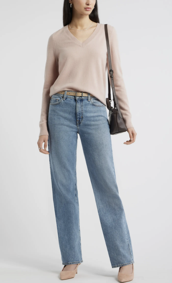 Nordstrom dusty blue V-neck cashmere sweater styled for fall