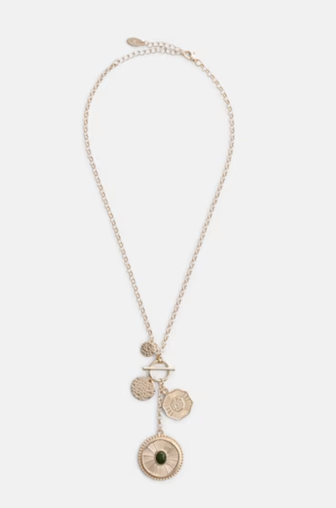 Gold-tone Scenario necklace with medallion charms.