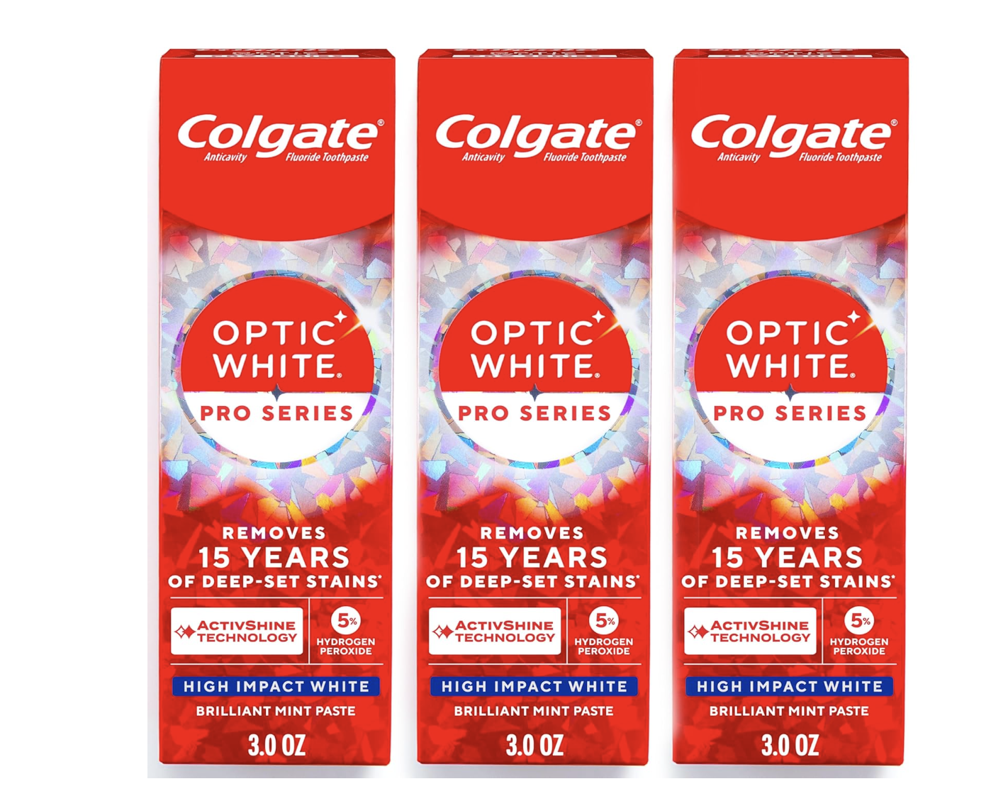 Three boxes of Colgate Optic White Pro Series toothpaste in Brilliant Mint paste flavor, highlighting the "Removes 15 Years of Deep-Set Stains" label and 5% hydrogen peroxide formula