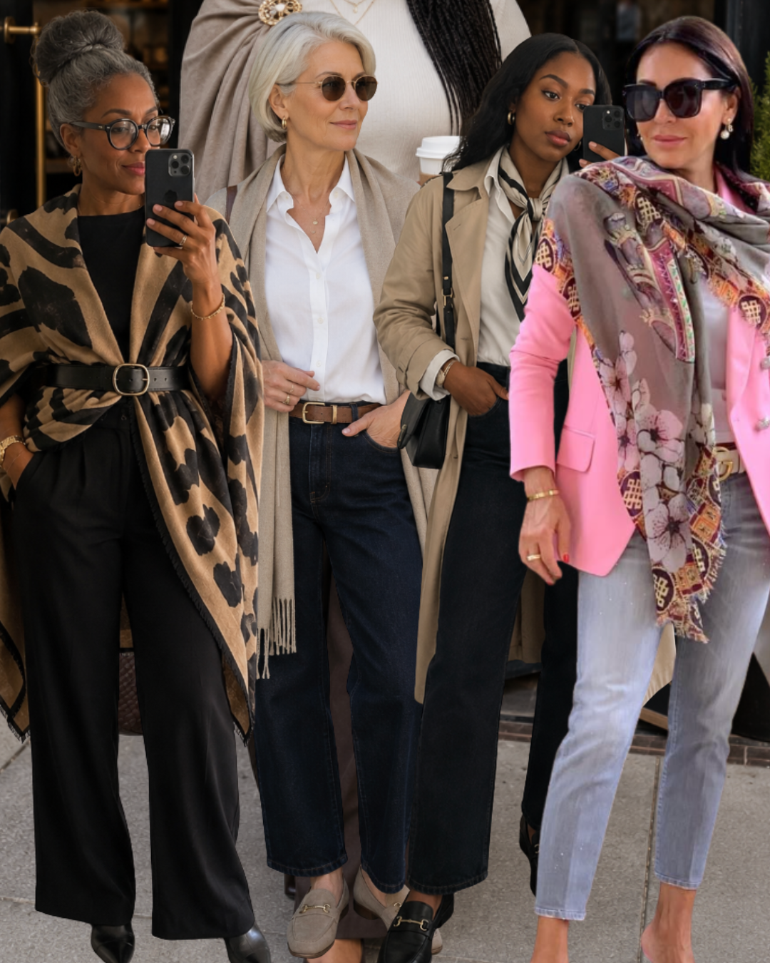 A close-up street style shot of a woman wearing a draped leopard print pashmina shawl over a black top and wide-leg black trousers, paired with pointed-toe black boots.