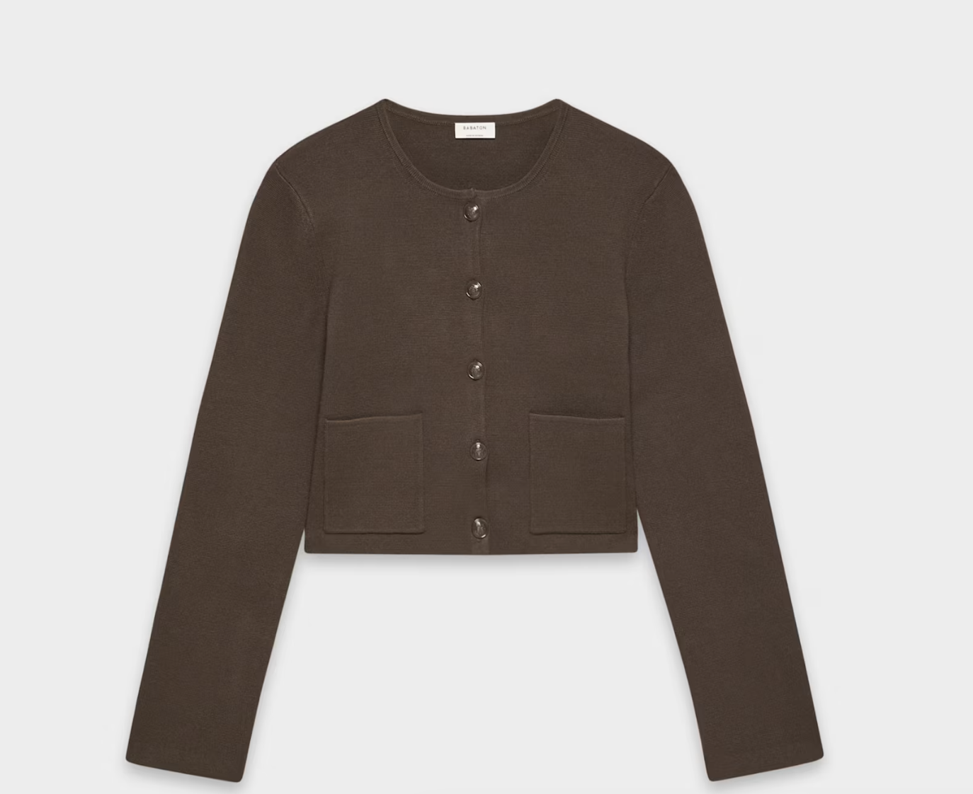 Dark chocolate brown cropped collarless jacket with buttons and front pockets.