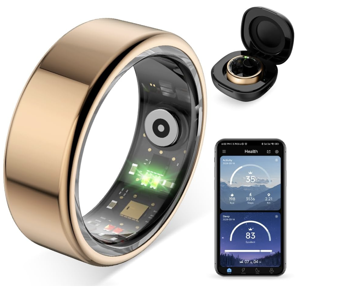 A close-up product shot of a sleek rose gold smart ring showing its inner sensors, displayed next to its black wireless charging case and a smartphone screen showcasing active sleep and health tracking metrics.