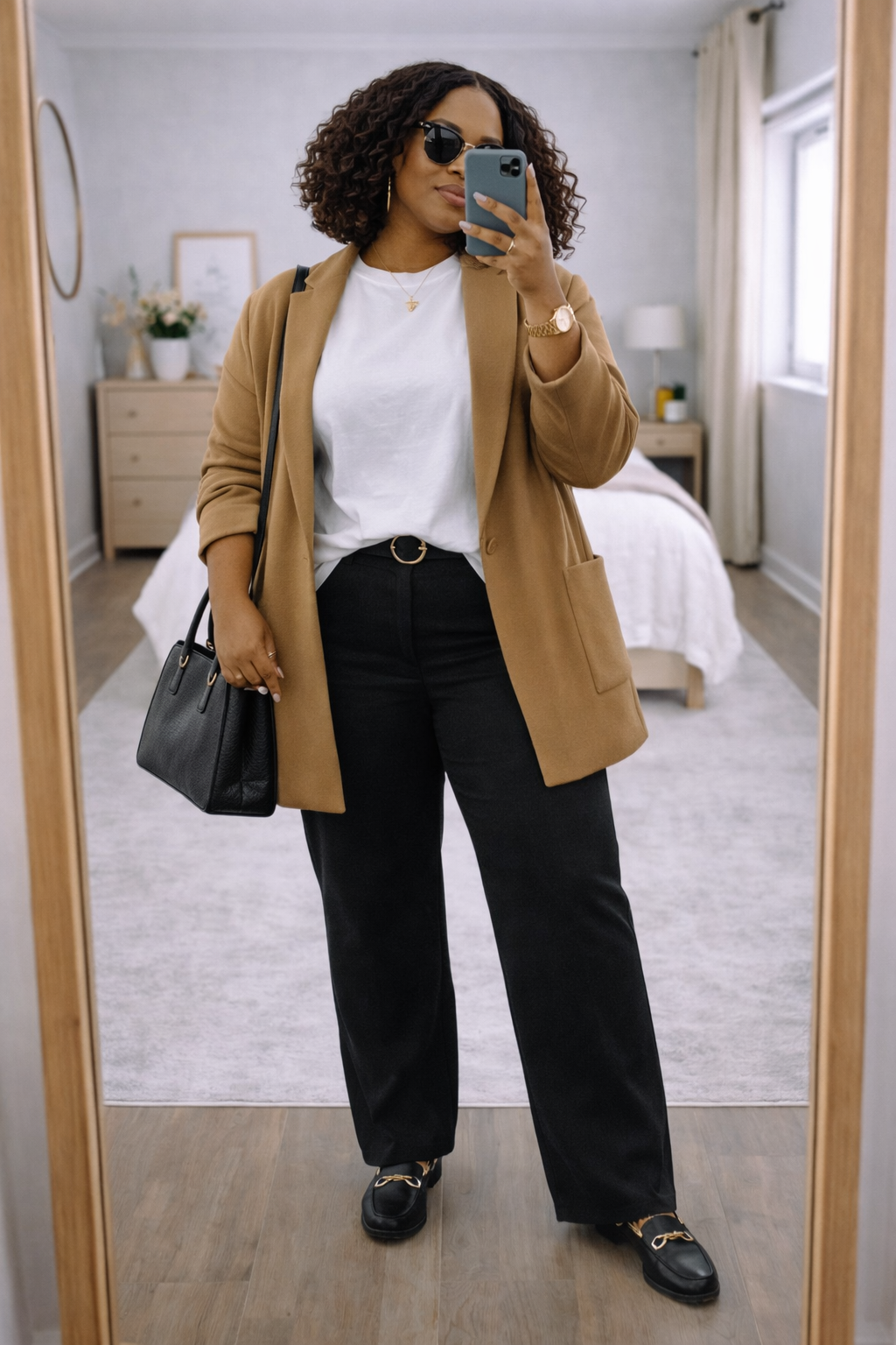 A woman taking a mirror selfie wearing a camel-colored blazer over a white t-shirt and black high-waisted trousers, demonstrating the color sandwich styling method.