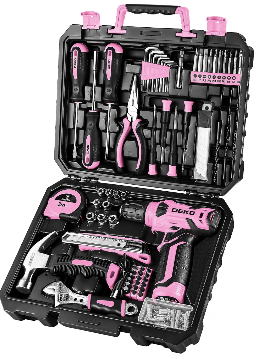 Home tool set with a pink 8V cordless drill