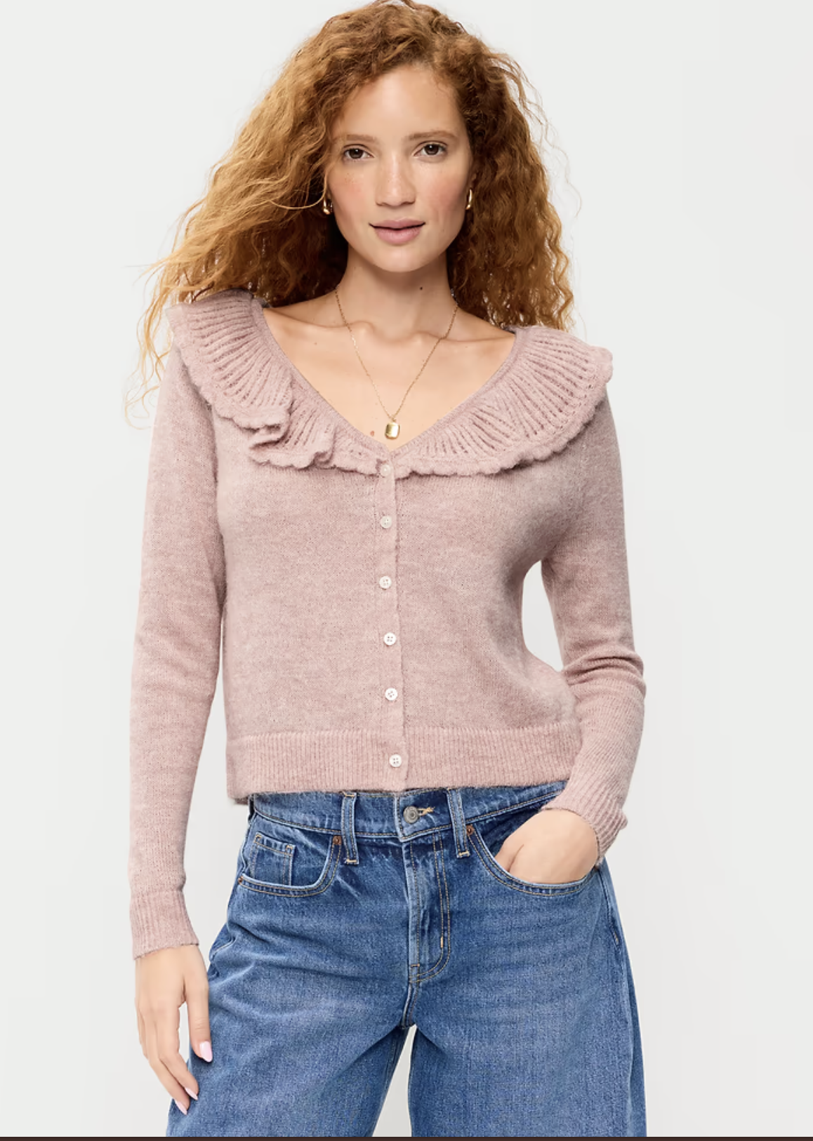 Old Navy Ruffle-Collar Pointelle Cardigan, studio product photo.