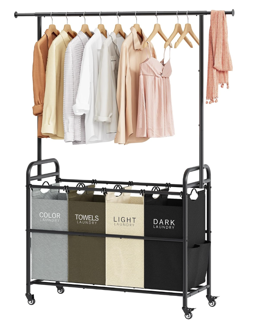 Four-section rolling laundry sorter with hanging rack