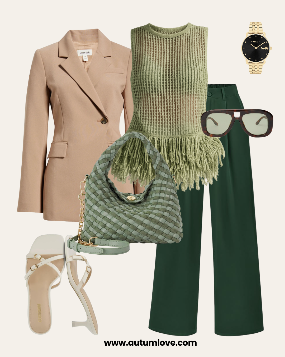 Styling how to wear kitten heels with a sage green fringed knit sleeveless top, tan blazer, and dark green trousers for a spring 2026 look.