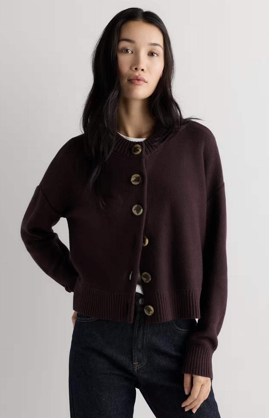 Quince 100% organic cotton cropped cardigan in chocolate plum brown