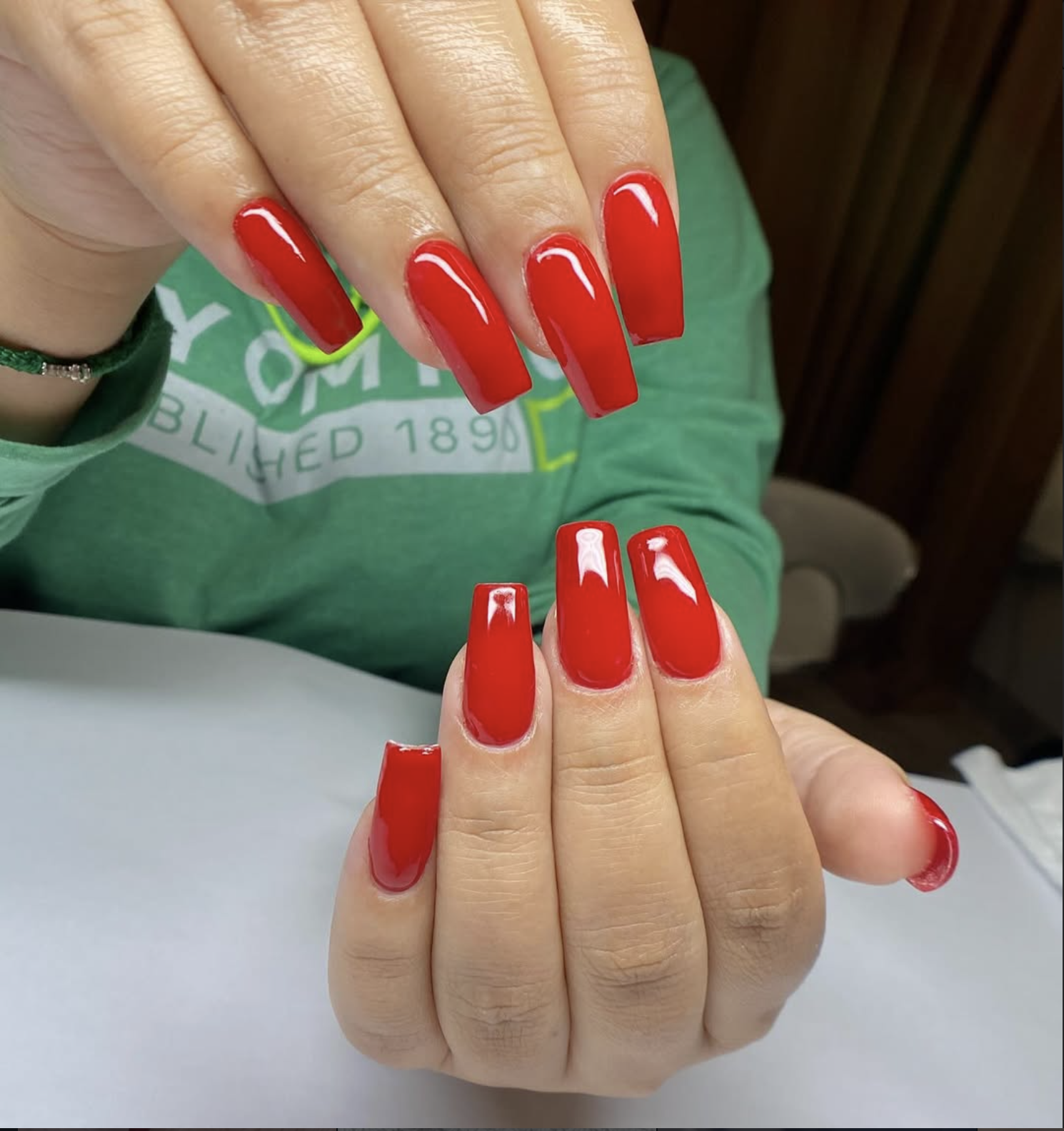 Lipstick-red coffin-shaped nails manicure