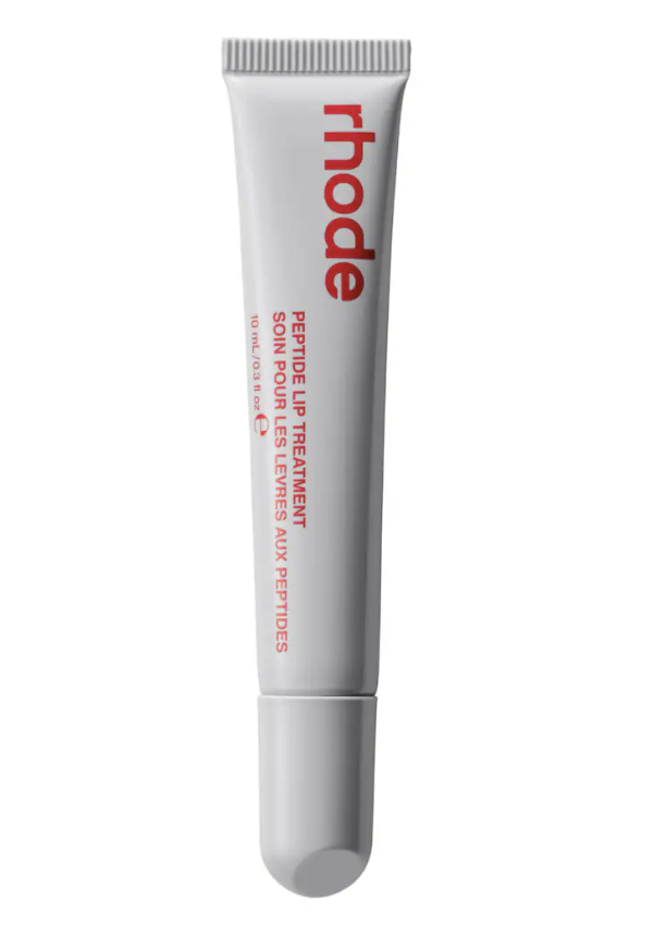 A tube of Rhode Peptide Lip Treatment in the Strawberry Glaze scent, showcasing its minimalist gray packaging and high-shine formula.