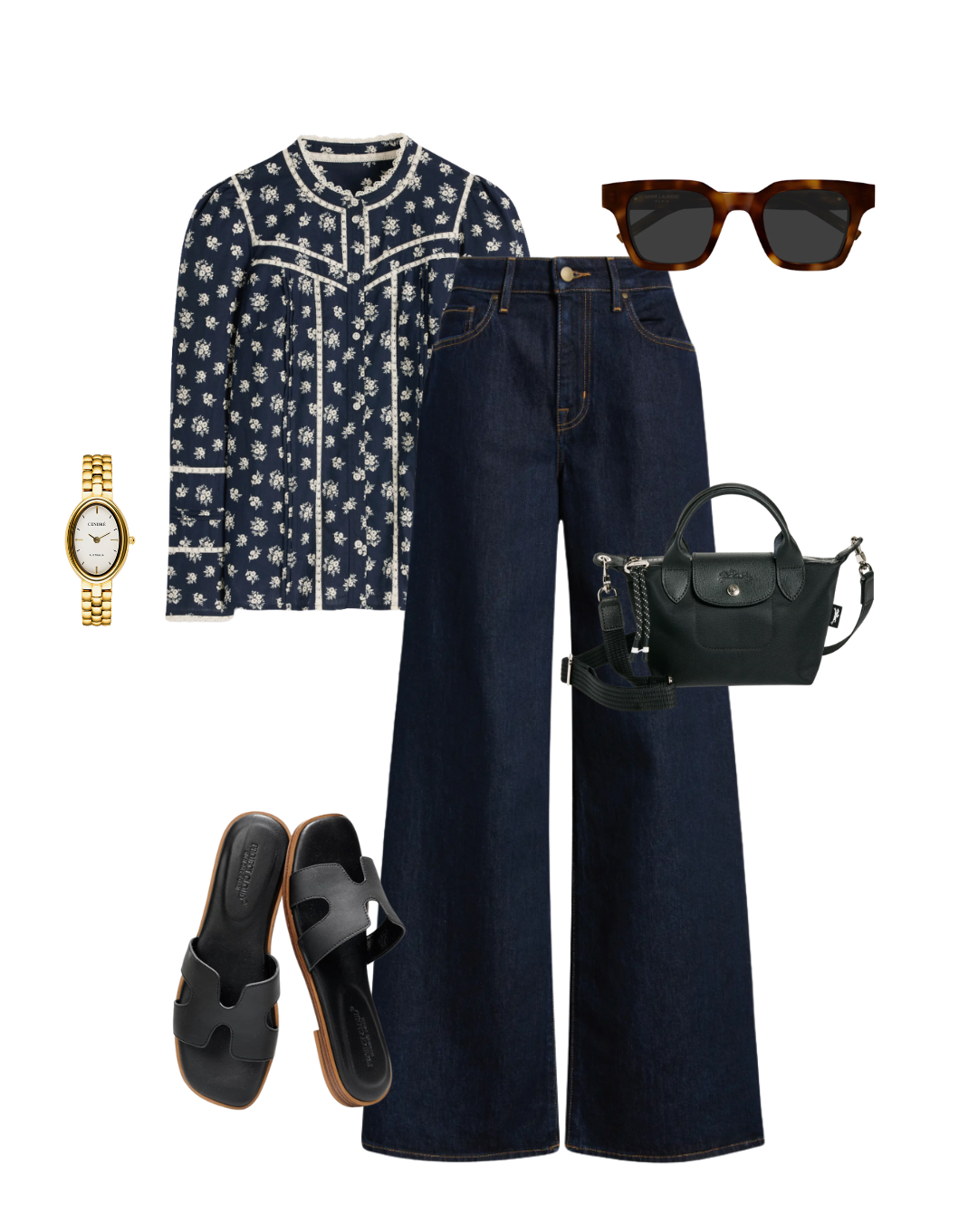 Dark-wash jeans styled like trousers with a silky blouse and dressy shoes for women over 50.