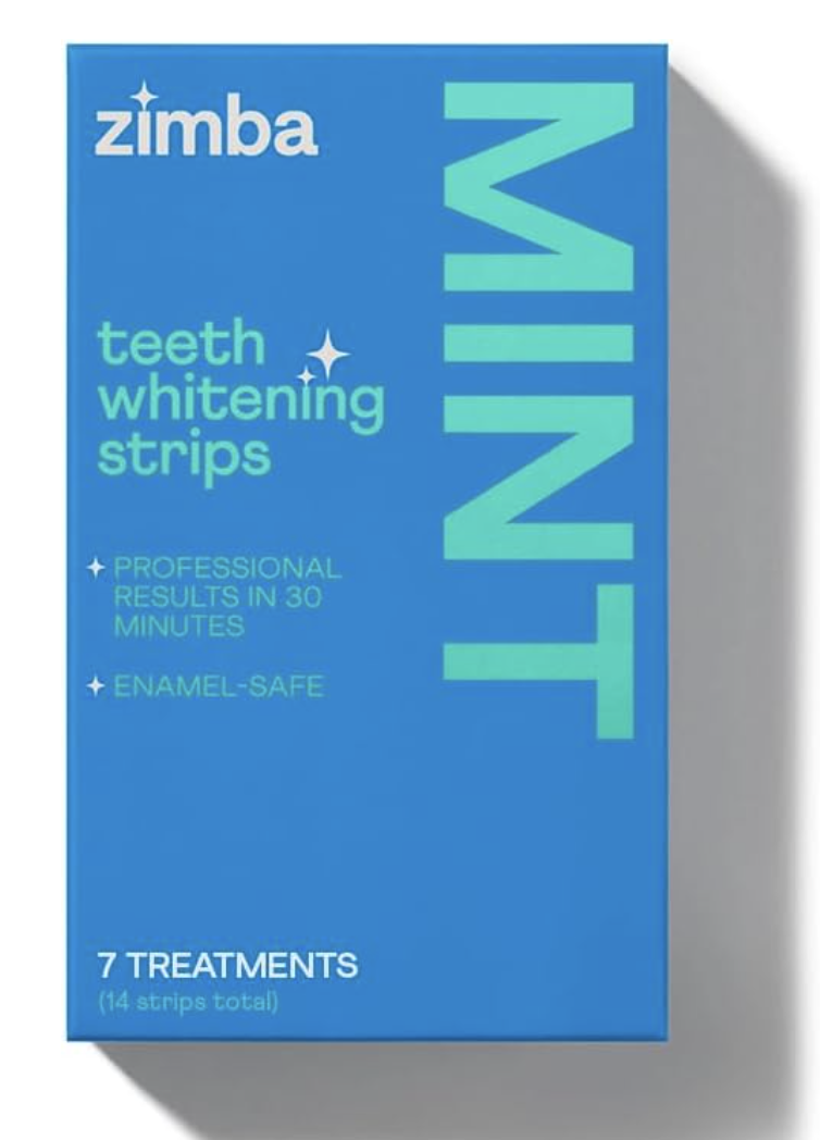 Box of Zimba Mint Teeth Whitening Strips featuring a bright blue packaging with "Mint" printed in large green text.