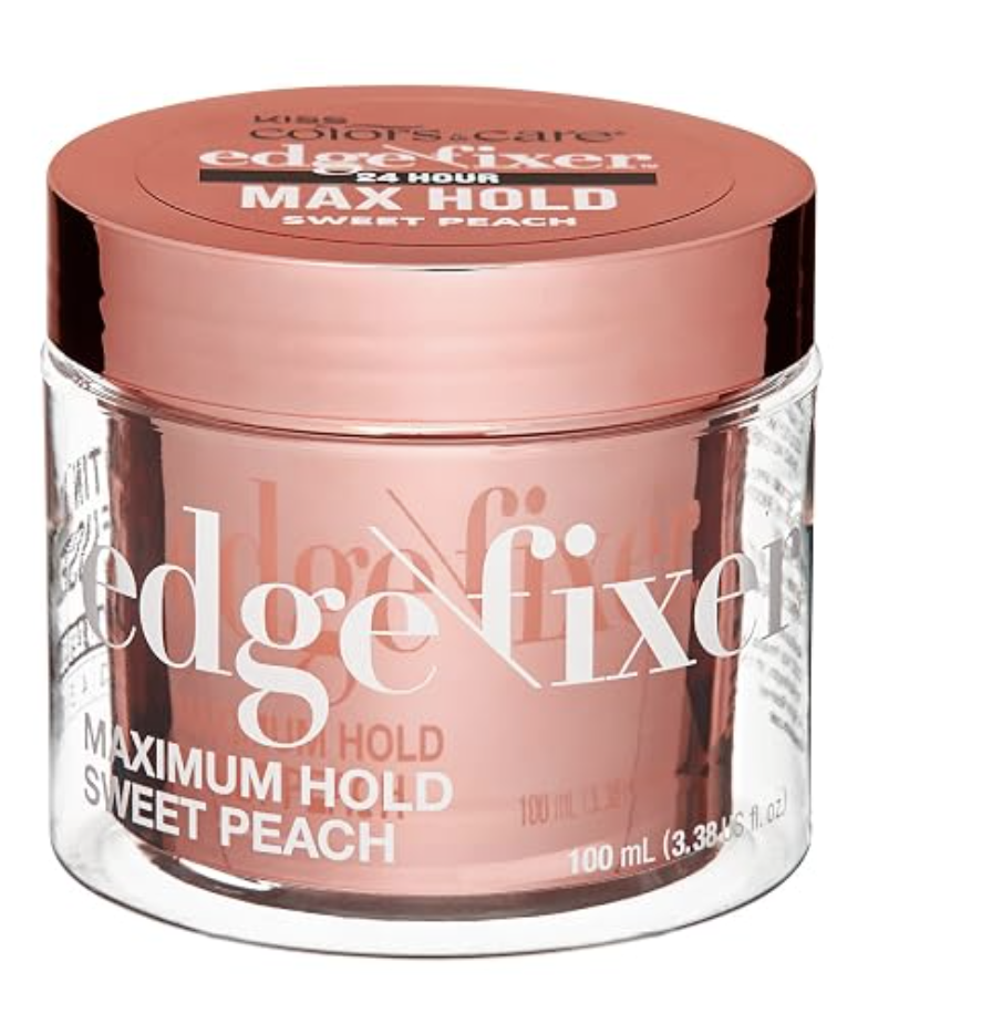 A jar of Kiss Colors & Care Edge Fixer 24 Hour Max Hold hair gel in Sweet Peach, featuring a metallic rose gold lid and a clear container showing the styling product.